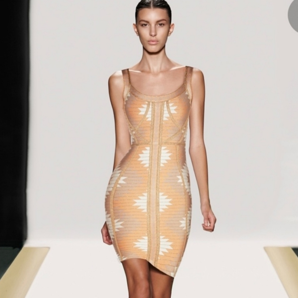 Herve Leger Arizona Apricot Metallic Tribal Bandage Bodycon Mini Dress XS